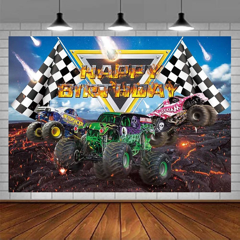 

Monster Truck Birthday Party Photography Backdrop Car Grave Digger Party Burning Flame Background For Baby Boy Cake Table Decor