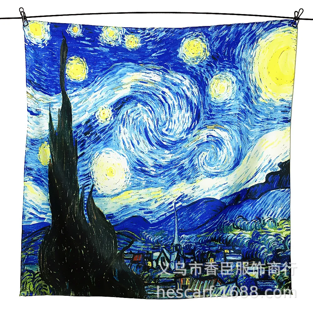 

90cm Foulard Twill Silk Square Scarf Van Gogh Printing Women Shawl Hijab Scarf Bandana Handmade Curled Head Scarves For Lady