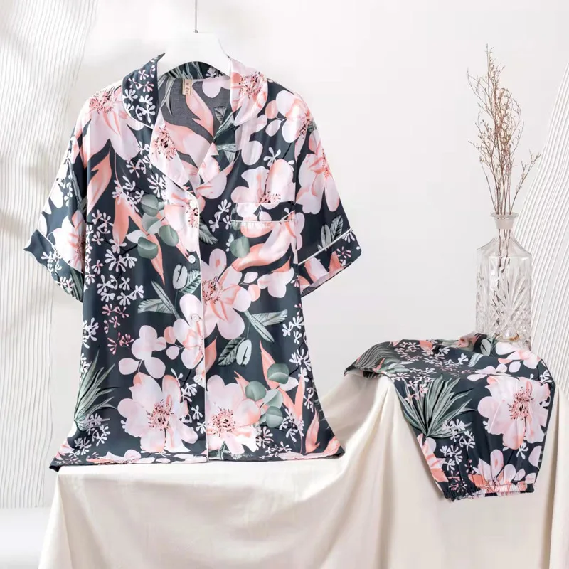 Fdfklak 2Pcs Women's Pajamas Sets Woman Pyjama Suit Summer Lapel Design Short Sleeve Trousers Set Home Clothes Floral Print