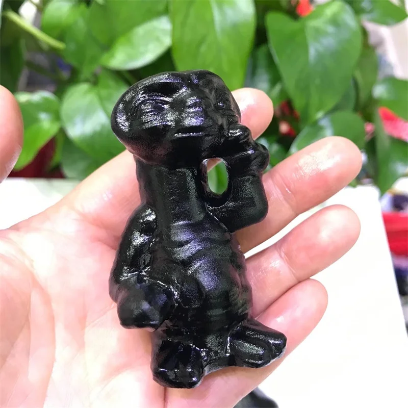 

Cute Natural Stone Black Obsidian Alien Carving Handmade Carved Powerful Statue For Home Decoration Gift
