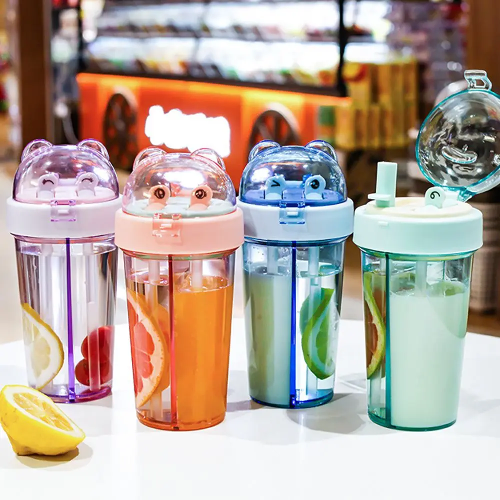 

Portable Plastic Cup Outdoor Dual Use Water Bottle Kettle Double Straws Mug