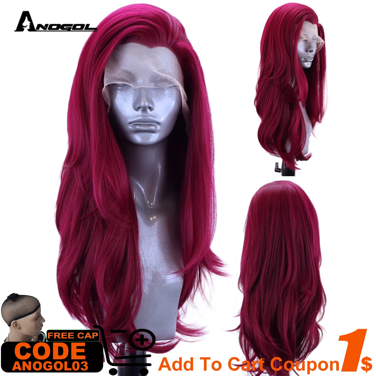 ANOGOL Synthetic 32inch Burgundy Long Wave T Part Lace Wigs Natural Hairline K-Red High Temperature Fiber Hair For Black Women