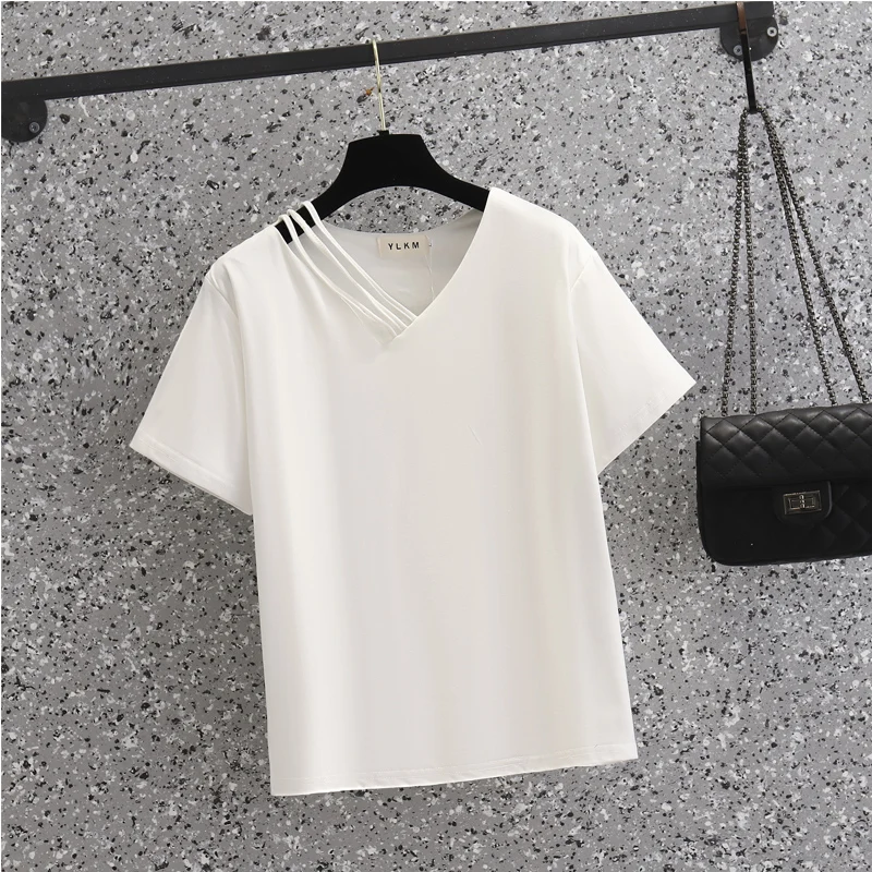 Plus Size T Shirts Summer Solid Womens Tops Oversized V-Neck Elastic Cotton Fabric Looser Oversized Short Sleeves Large T-Shirt