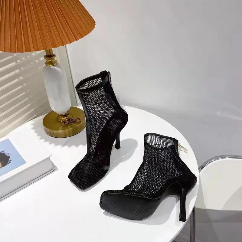 2023 Summer Women Boots Square Toe Mesh Hollow Out Pumps Female Stretch Fabric Sock Boots Sexy High Heels Women Sandals Shoes