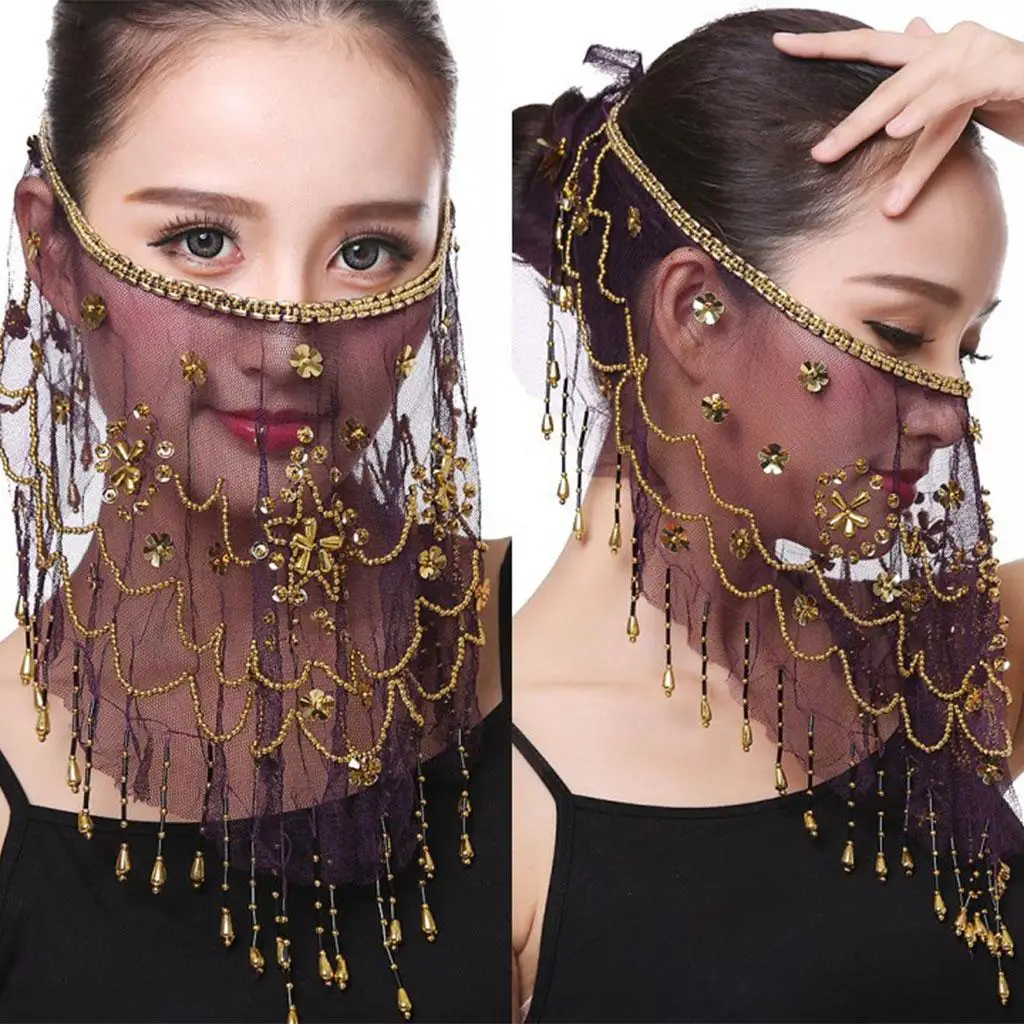 

Indian Belly Dance Face Veil Chiffon Tribal Dancing Sequin Head Scarf Wear