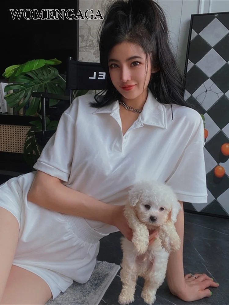 

WOMENGAGA 2022 Summer French Fashion Elegant Polo Neck T Shirt Knit Tees Top + White Mini Shorts Set Hot Sexy Korean Women SO90