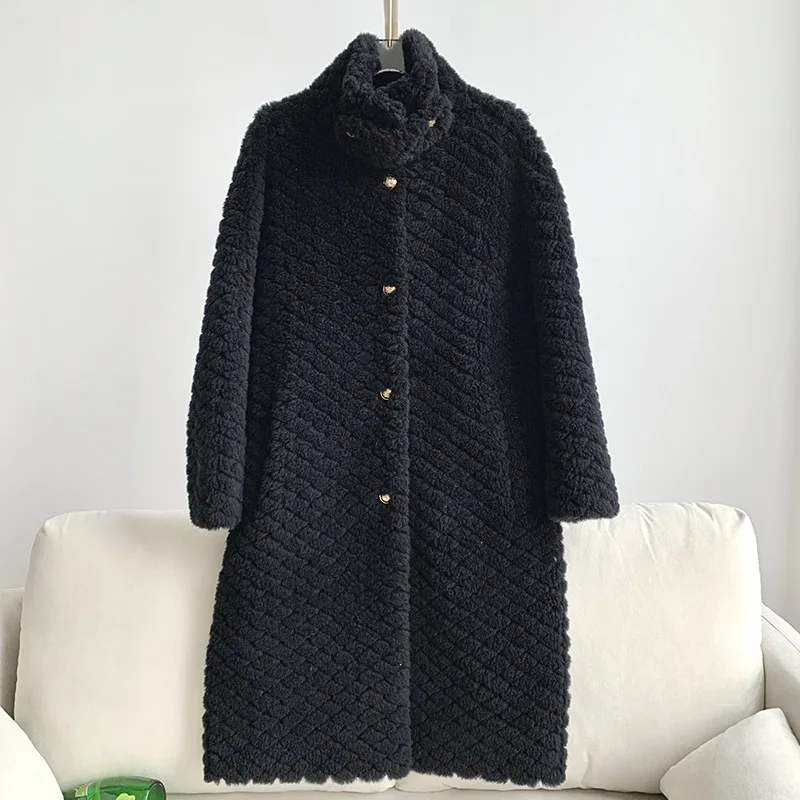 FURYOUME Winter Women Real Fur Coat Long Wool Jacket Natural Fur Parka Thick Warm Streetwear Outerwear Stand-up Collar Pocket