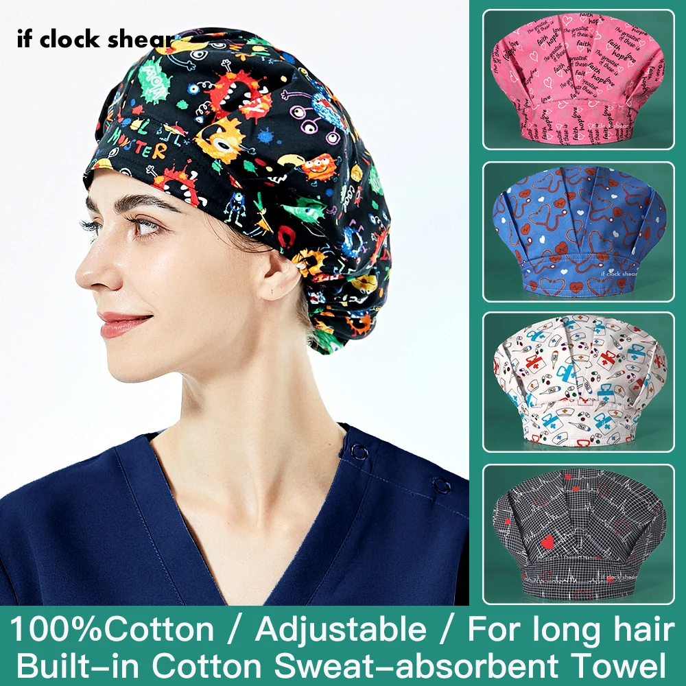 

Medical Accessories Scrubs Caps Sweat Towel Pure Cotton Adjustable Pet Health Doctor Surgery Hat Print Dentist Work Nursing Cap