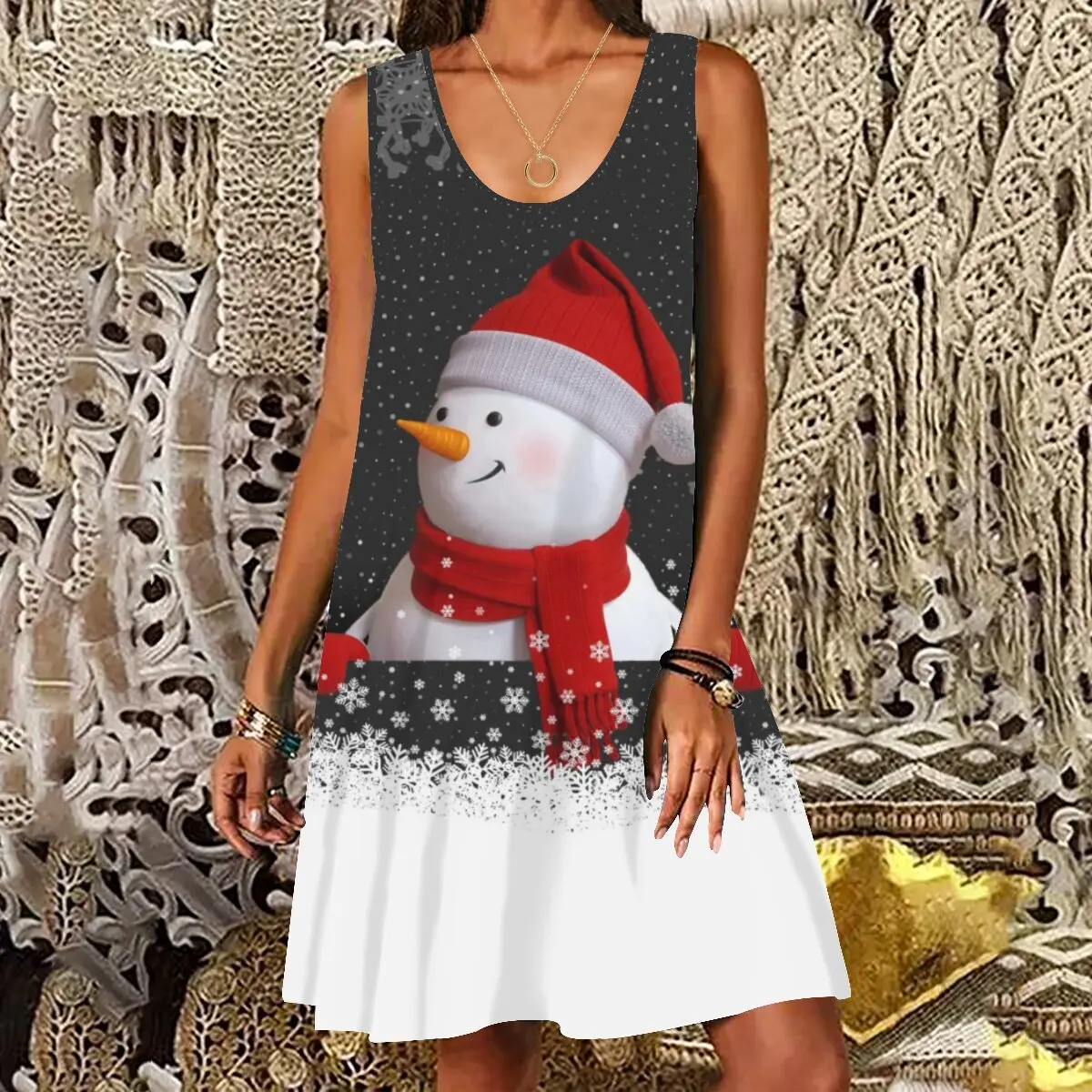 

XXS-10XL Oversized Women's Summer New Christmas Print Round Neck Sleeveless Casual Loose Dress