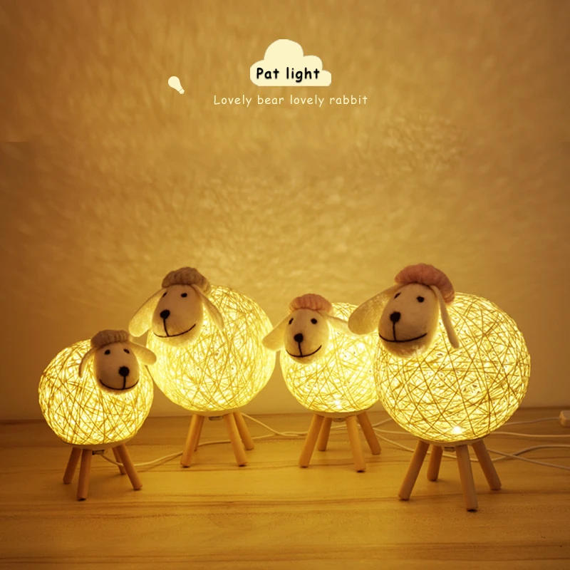 Sheep LED Night Light Hand-woven Lampshade Moon Lamp Remote dimming Sleep Bedroom Bedside Kawaii Room Decor Animals Table Lamp