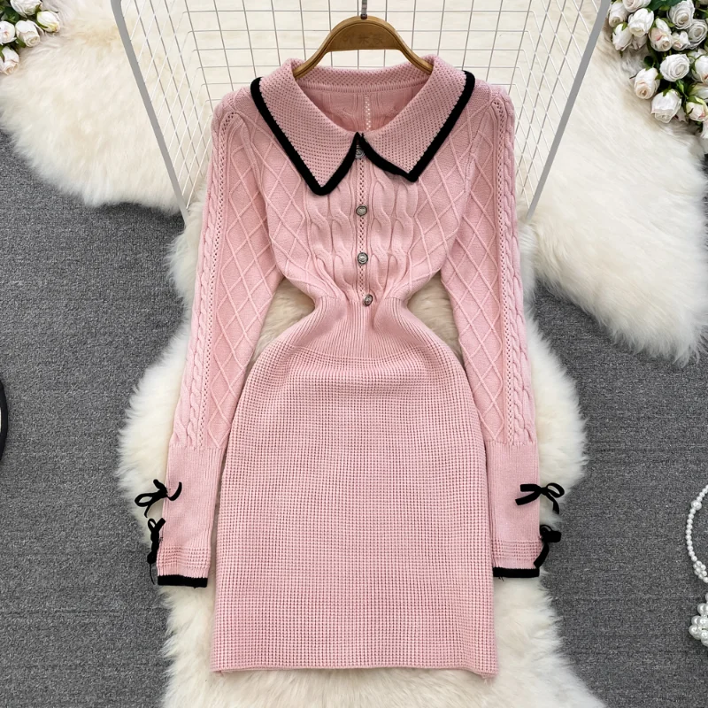 

WDMSNA Sweet Peter Pan Collar Robe Contrast Color Slim Waist Knitted Dress Women Autumn Winter Retro Long Sleeve Sweater Dresses