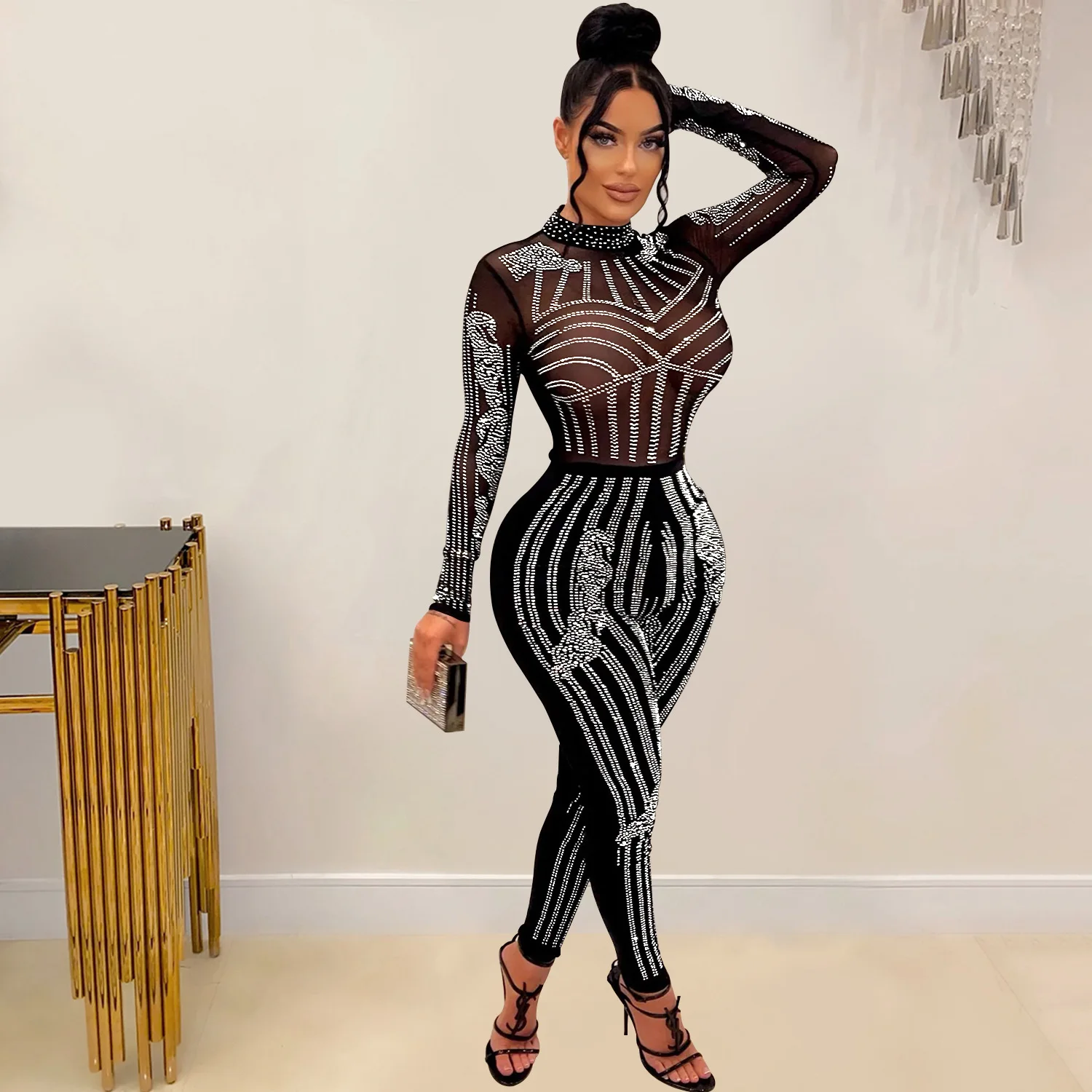 

New Blue Black Red Summer Rhinestone Mesh See Through Long Sleeve Skinny Rompers 2023 Womens Birthday Sexy Club Party Jumpsuits