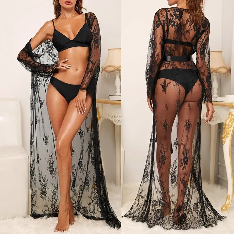 Women Lingerie Robe Long Lace Long Bathrobes Nightgown Soft Sheer See Though Dressing Gown Kimono Sexy Ladies Sleepwear