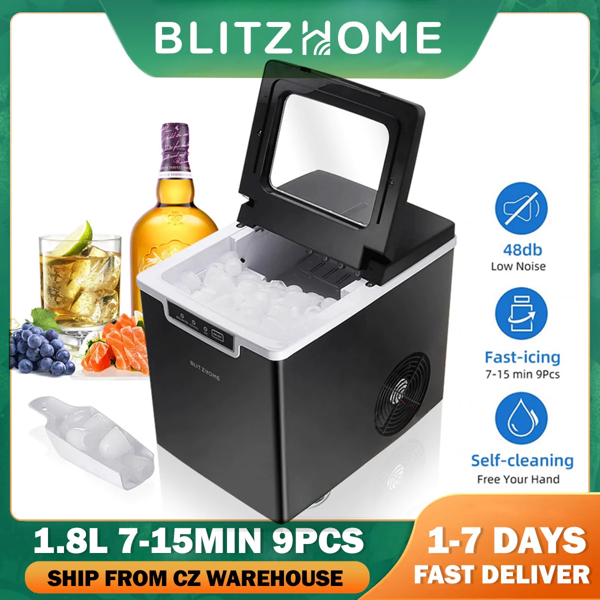 

BlitzHome BH-IM2 Electric Ice maker 1.8L 12KG/24H bullet-cylindrical Automatic Household mini ice making Machine Bar Milk Tea