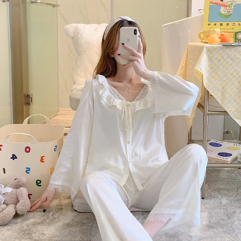 

Court Sexy Pajamas Women's Long Sleeved Fashion Lace V-neck Home Clothes Retro Princess Style Snow Silk Female Sleepwear