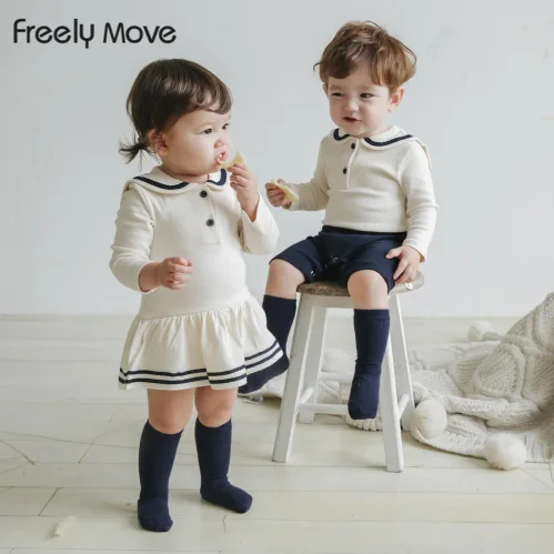 

Freely Move 2022 Spring Baby Girl Long Sleeve Bodysuit Cotton Girls Navy Collar Jumpsuit Solid Baby Boy Onesie Infant Clothes