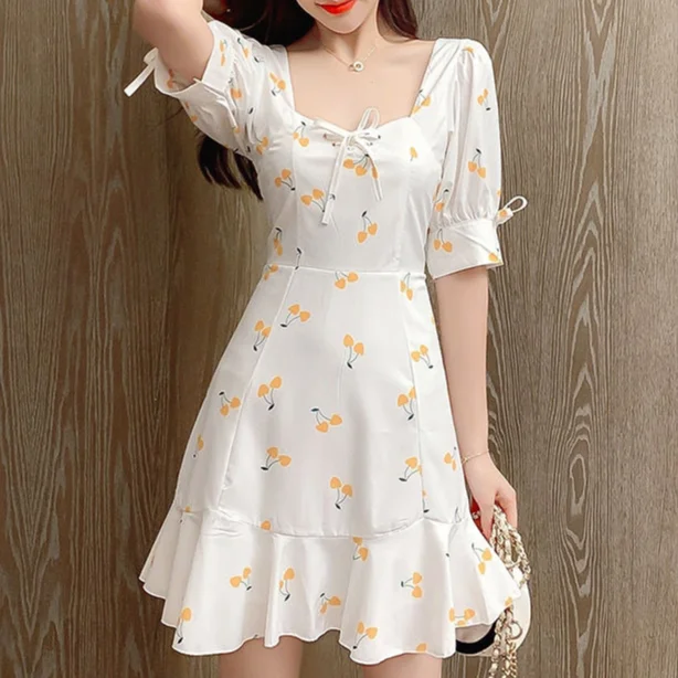 

Korean Harajuku Floral Print Dresses Women Short Sleeve Casual Kobieta Sukienka Women Vintage Cottagecore Aesthetic Fairy Dress