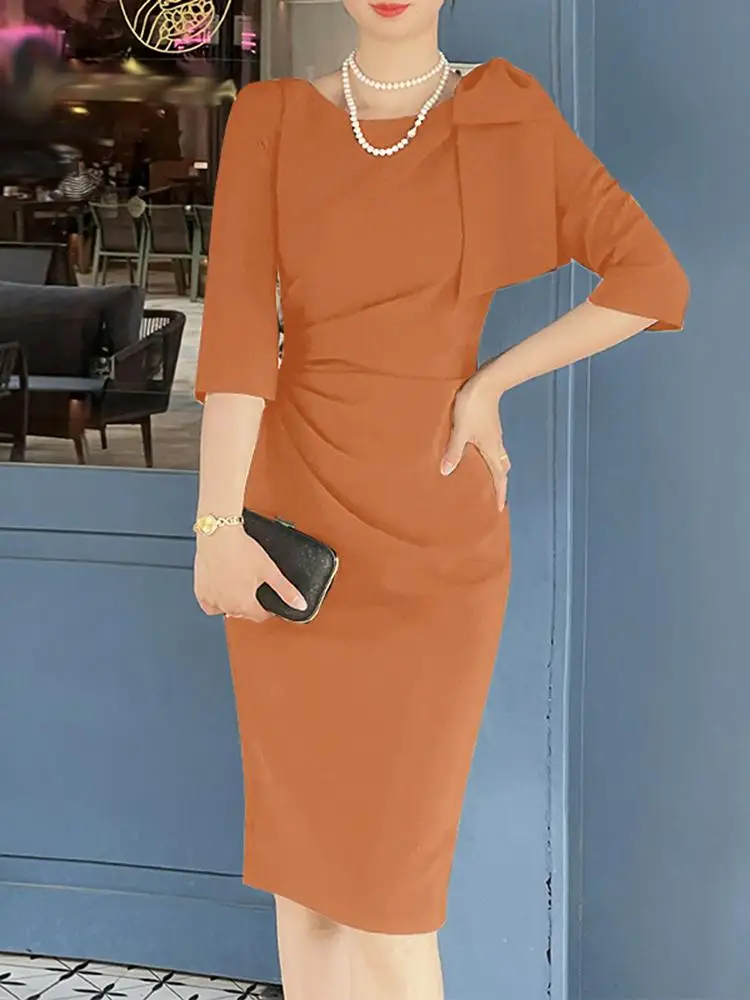 

VONDA Women Office Midi Dress 2023 Bandage Summer Sundress Fashion Elegant Dress Zipper Casual Solid Color Pleated Vestido Robe