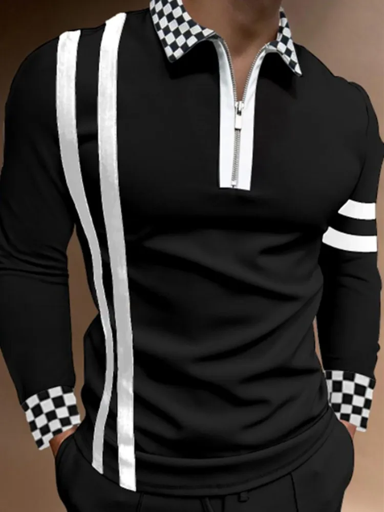 

3D 2022Fashion Autumn Men's Zip Polo Shirt Stripe Polo Shirt Street Casual Long Sleeve T-shirt Men's Polo Shirt s-4XL