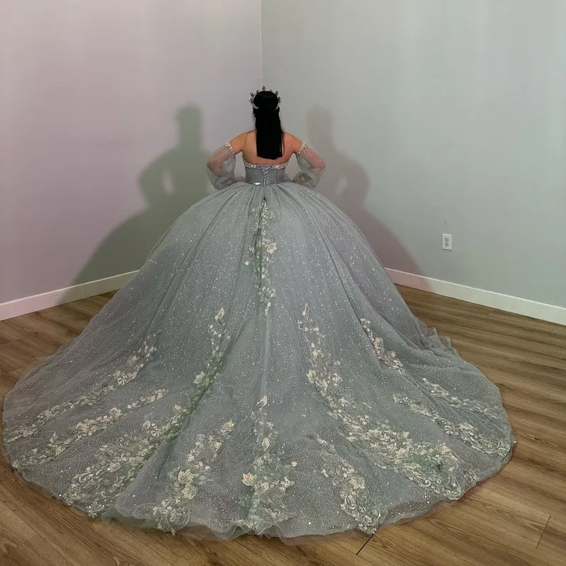 Фото Зеленое милое платье с открытыми плечами в стиле Quinceanera, женское платье из фатина на шнуровке с аппликацией, милое платье 15 16, бальные платья Gw №2