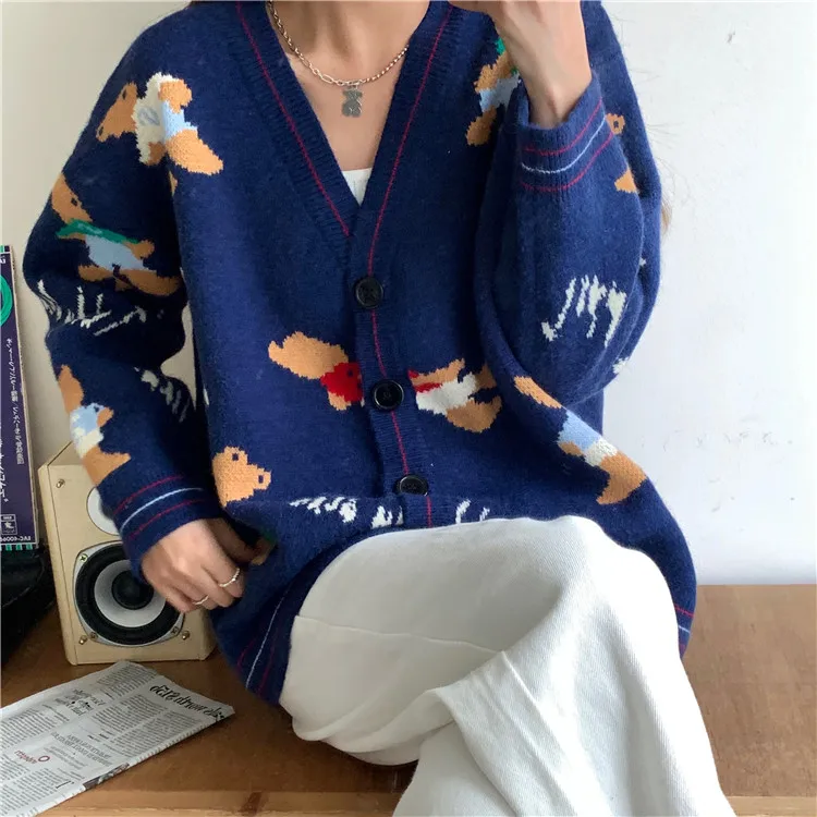 2023 Women Cartoon Bear Cardigan Jacquard Sweater Autumn Winter Korean V-Neck Outwear Preppy Female Cardigans Oversized Jumpers