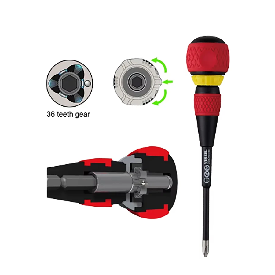 Фото Набор отверток VESSEL Ball Ratchet Grip с 36 насадками, сменным хвостовиком, 2-в-1, крестовые и плоские отвертки 2200 +2X150 +3X150 -6X150 №3