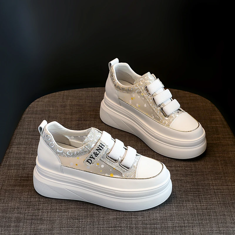 Genuine Leather Casual Sneakers Women Trends 2023 Summer White Tennis Platform Sports Shoes Girls Flats Chic Elegant High Heels