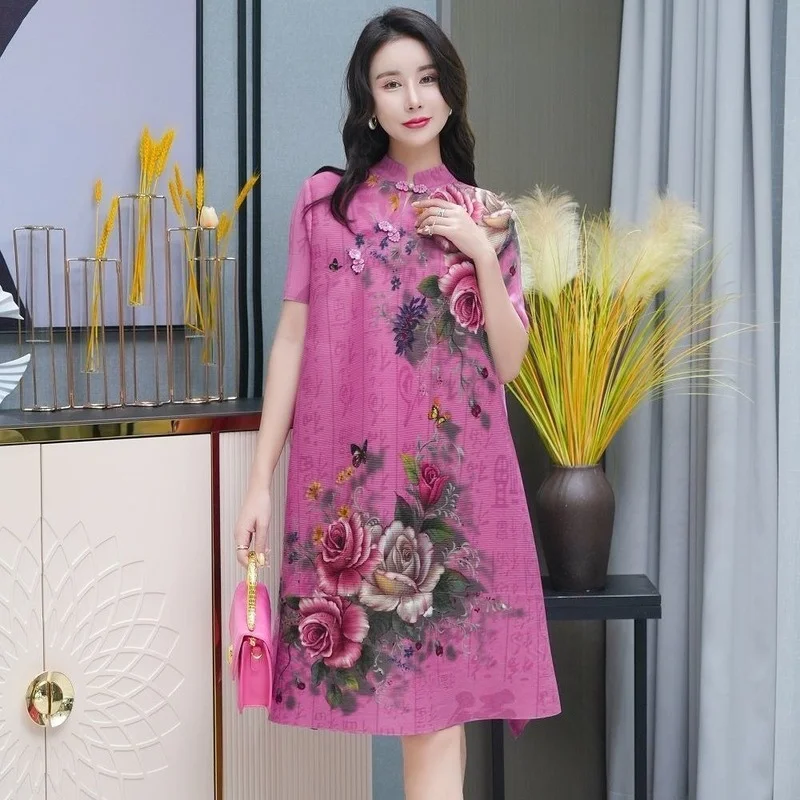 Casual dress female 2023 new folded fashion peony print retro cheongsam dress summer slim and foreign short sleeve dress tops