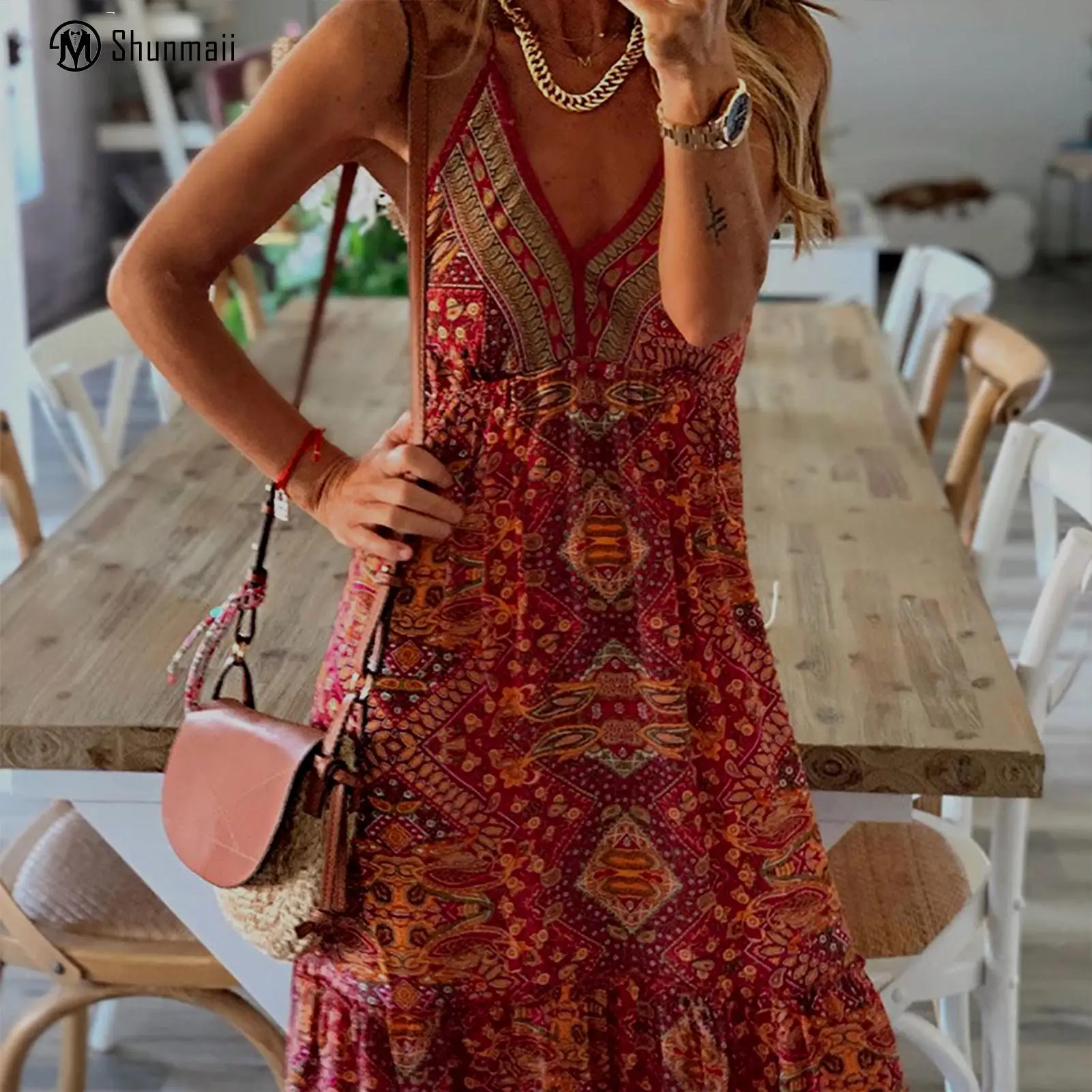 

Printed Beach Sling Dress V-Neck Summer Holiday Beach Dress European Casual Large Swing Simple Temperament for Weekend Vacation