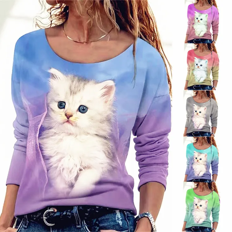 

2021 Winter Cat Spring Autumn Women Plus Sizes Large Big Loose Sexy Printed Vintage T Shirts Tops Full Long Sleeve