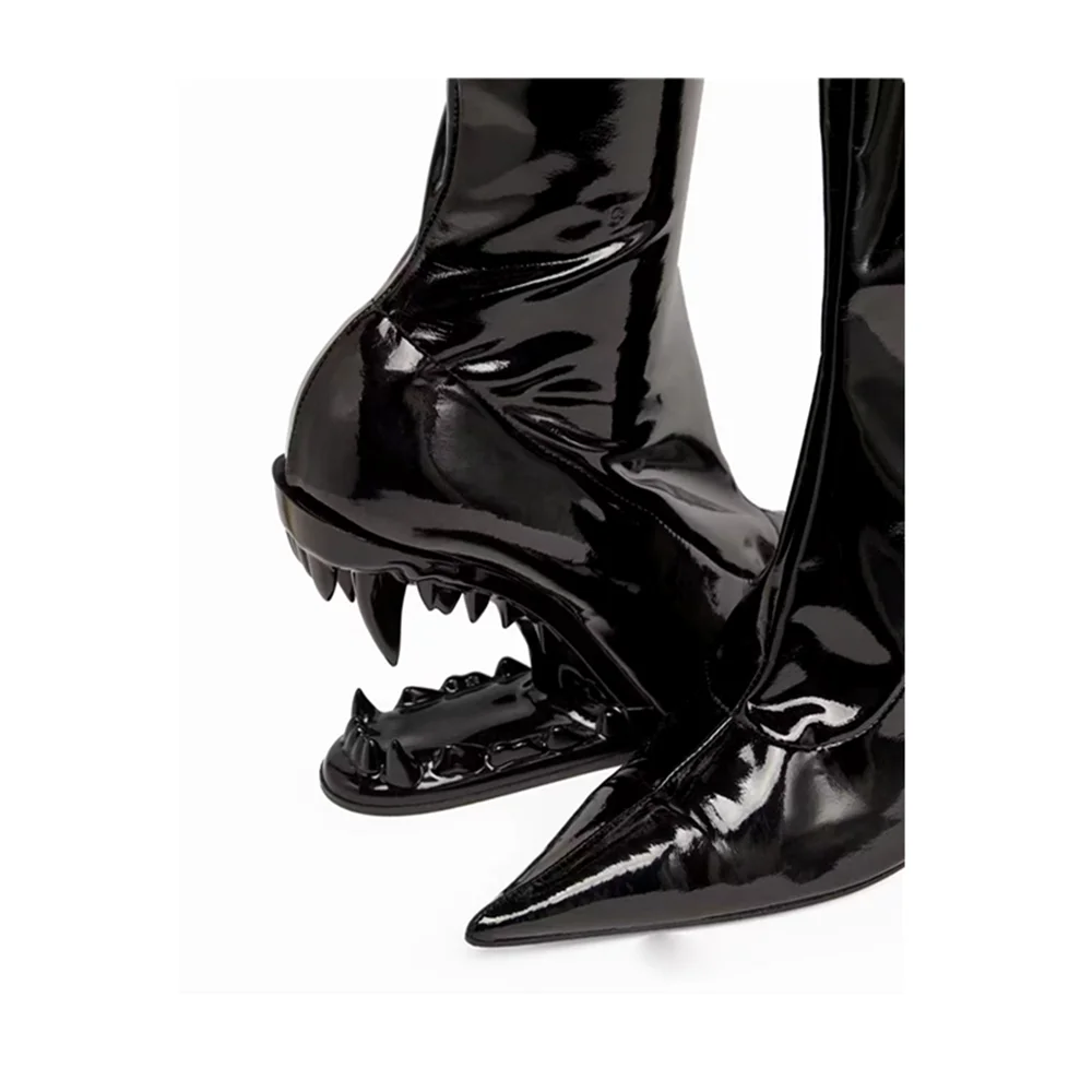 Lacquer Leather Special-Shaped High Heel Giant Teeth Tiger Heels Pointed Over-The-Knee Boots Large Women's Shoes Fashion Boots