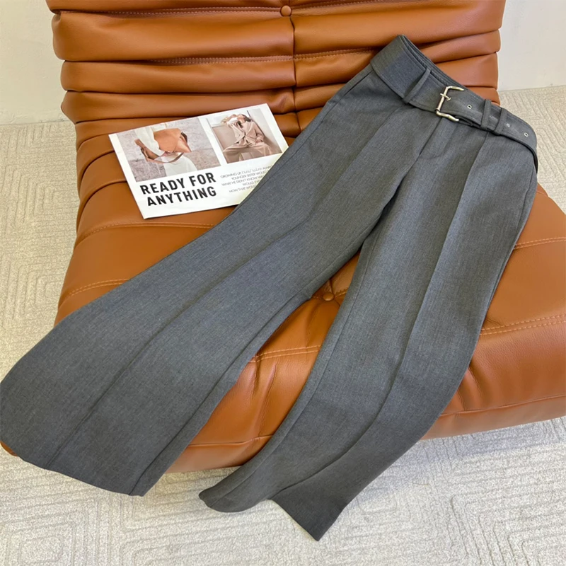 

22 Autumn Women Flared Pants Belt High Waisted Split Black Mopping Straight Trousers Grey Solid Color Fashion Casual Baggy Pants