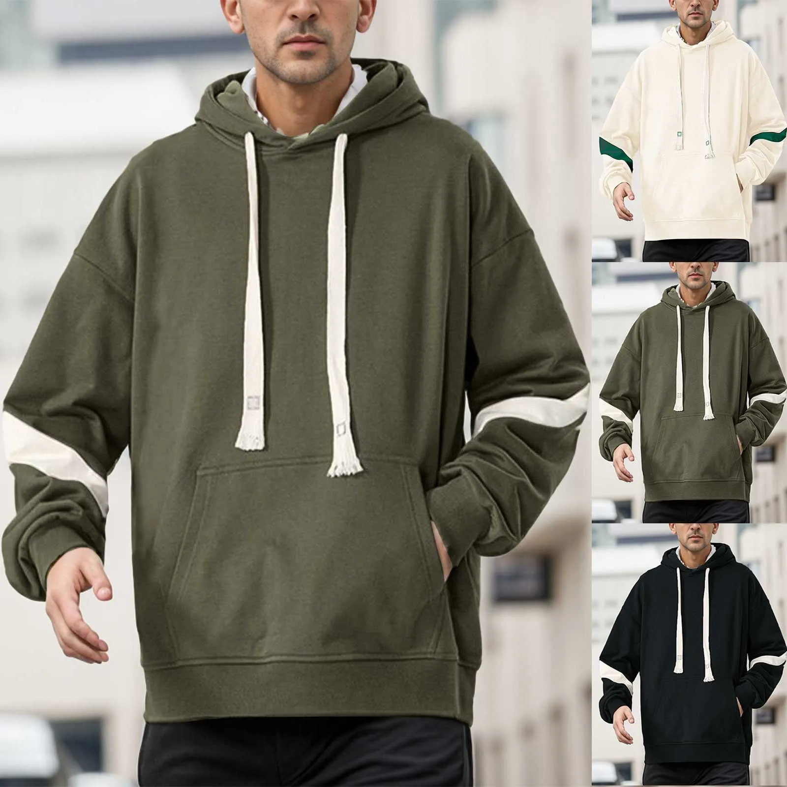

Plus Size Autumn And Winter Pullover Hoodies Male Spring Casual Trend Hooded Sweater Patchwork Color Drop Shoulder Sweatshirts