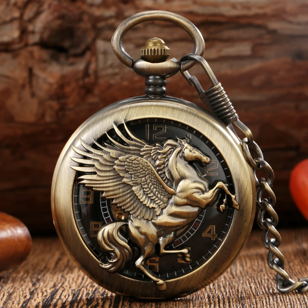 

Vintage Bronze Mechanical Pocket Watches Openwork Horse Pendant Pocket Watch Hand Winding Black Arabic Numeral Dial Clock Gift