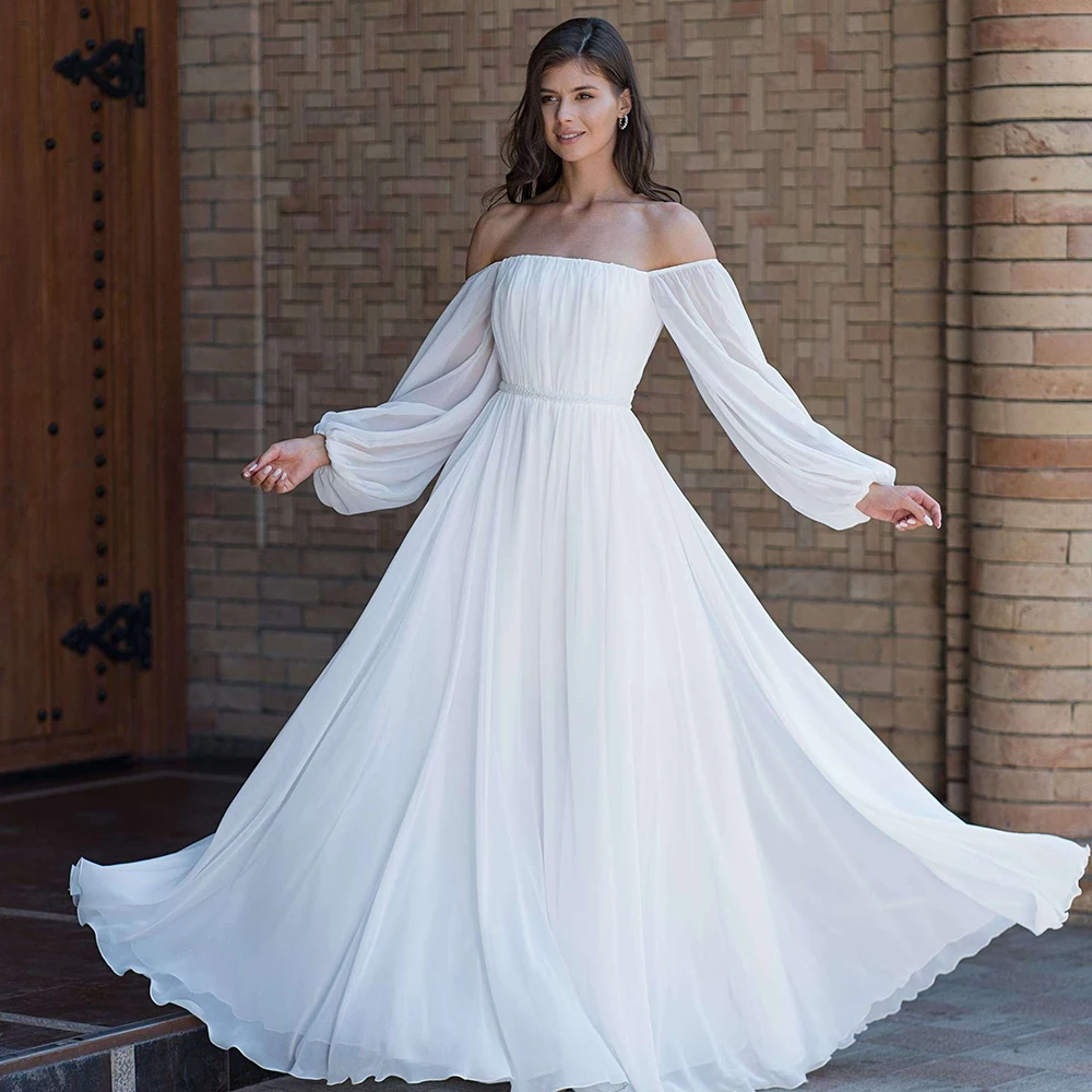 

Simple Chiffon Wedding Dress Boat Neck Long Sleeve A Line Floor Length Beach Bride Dress For Women Robe De Mariee Custom Made