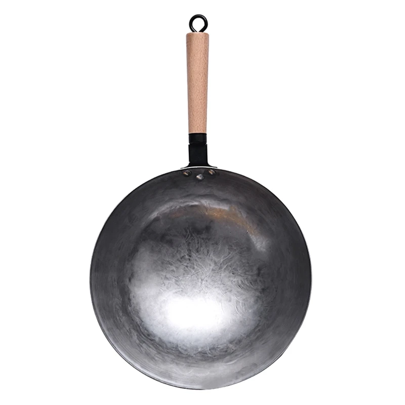 

Uncoated Wok Wok with Wooden Handle and Round Bottom Wok for Household Restaurants