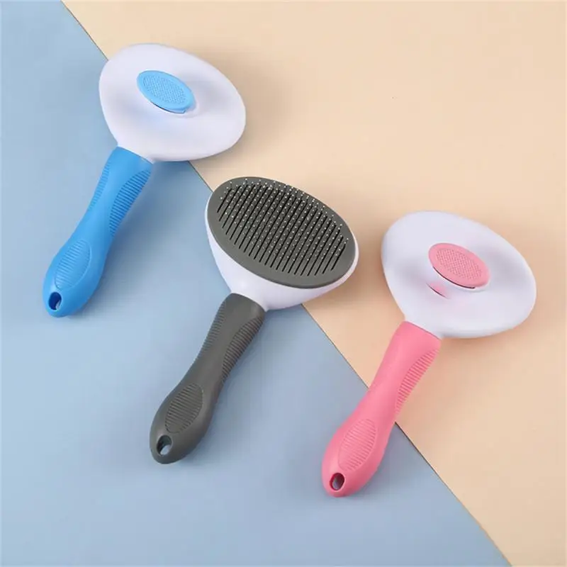 

Универсальный массажный удобный самоочищающийся гребень для домашних животных, освежающий гребень для удаления волос, гребни из нержавеющей стали с противоскользящей кнопкой, серый