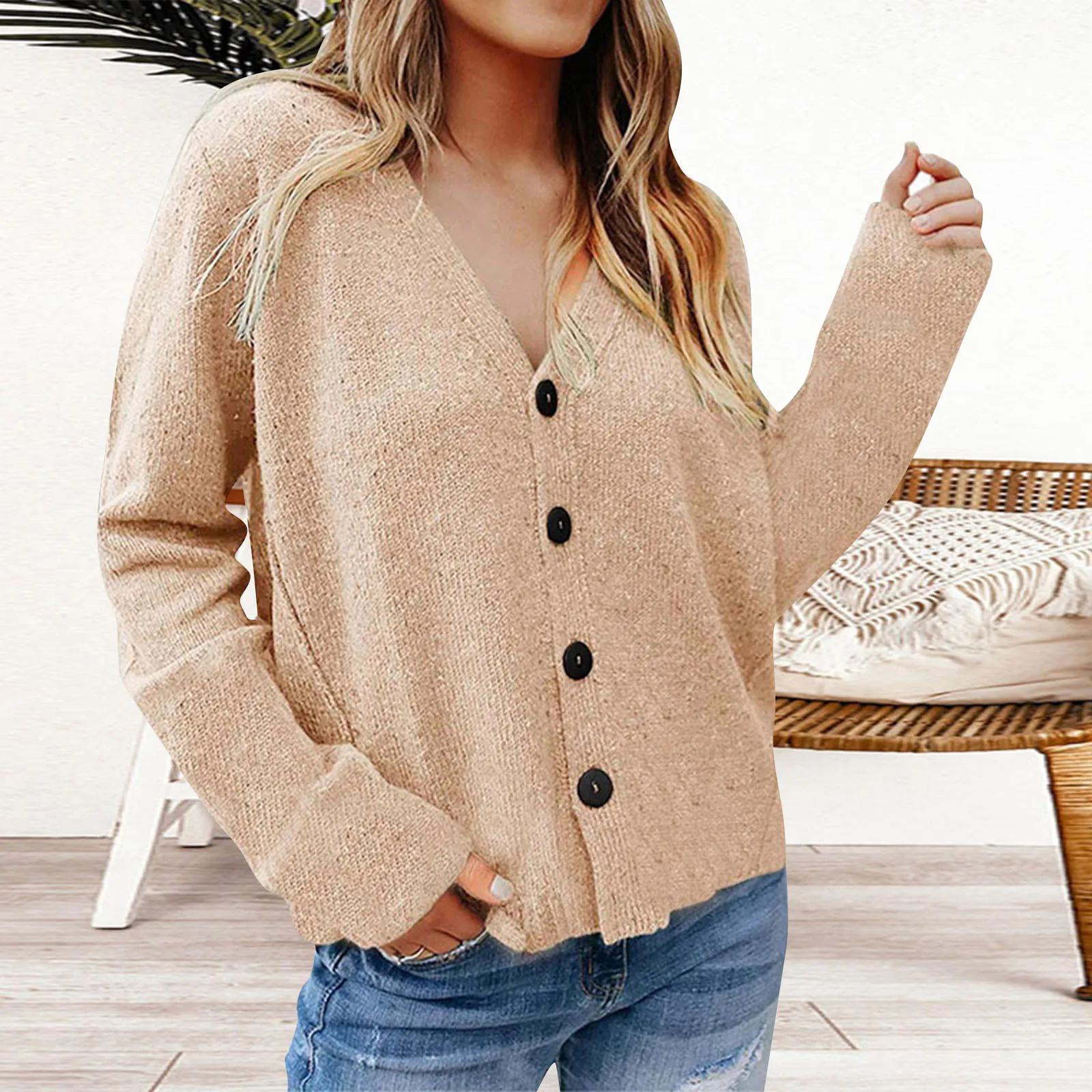 

Womens Cardigan Long Sleeve Loose Knit Open Front Button Sweater Coat V Neck Single Breasted Korean Fashion Vintage Clothes 4