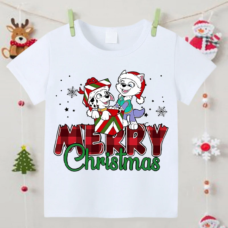 Paw Patrol Christmas T-shirt Children Anime Cartoon Cute Short Sleeved Top Boys Girls Fashion Xmas Clothes Kids New Year Gifts