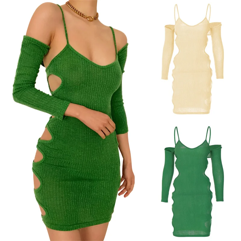 

Summer Spaghetti Strap Party Clubwear Bodycon Dress Women Solid Color Cutout Cold Shoulder Long Sleeve Ribbed Knit Mini Dress