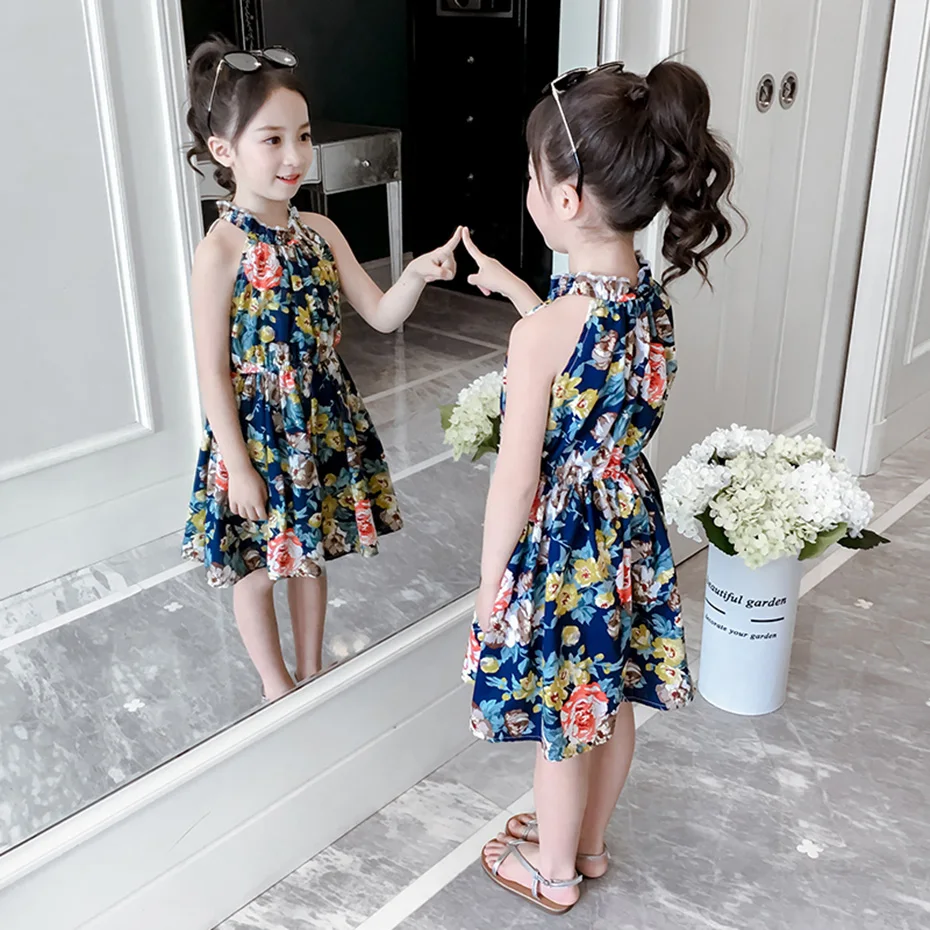Летнее платье для девочек с цветочным принтом детское без рукавов одежда