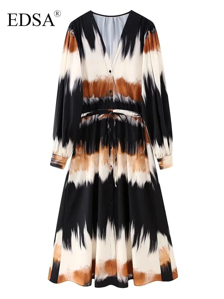 

Женское платье-рубашка EDSA, однобортное миди-платье с длинным рукавом и поясом, 2023