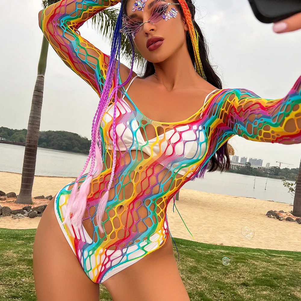 

Large Size Female Free Color Striped Hollow Sexy Lingerie Women's Beach Bikini Sexy One-piece Jacket Fishnet Lingerie Set