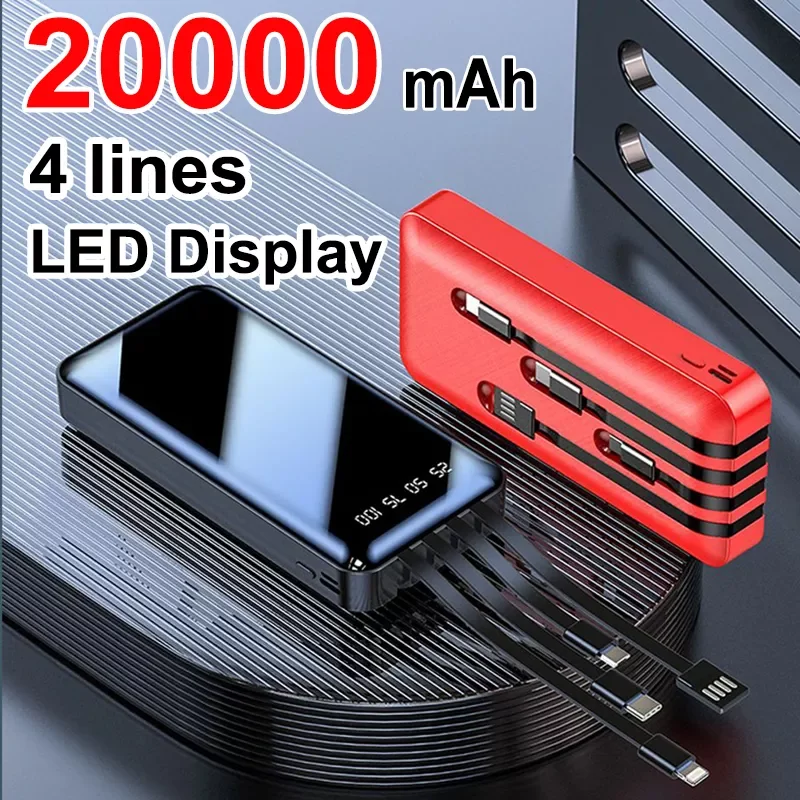 

2023New 20000mAh Portable Power Bank Full Screen Built-in 4 Cables External Bttery For Iphone 12 13 13Promax Fast Charging Power