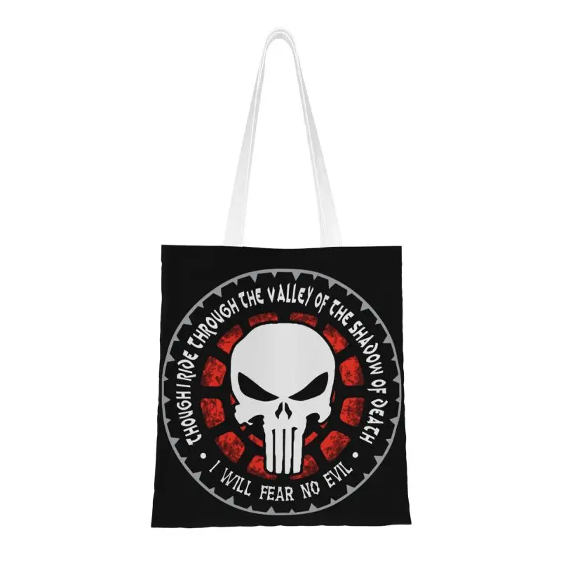 

Recycling Punishers Skeleton Skull Heavy Metal Shopping Bag Women Canvas Shoulder Tote Bag Portable Groceries Shopper Bags