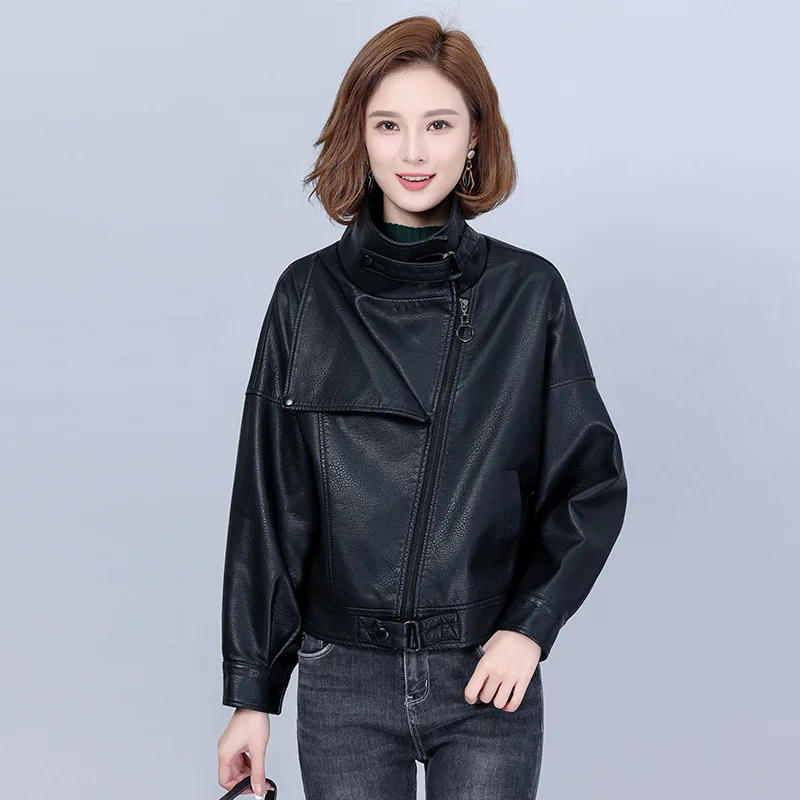 2022 Spring New Women Autumn Winter Faux Leather Jacket Oversized Korean Female Slim Loose Stand Collar Coat Girl Outerwear