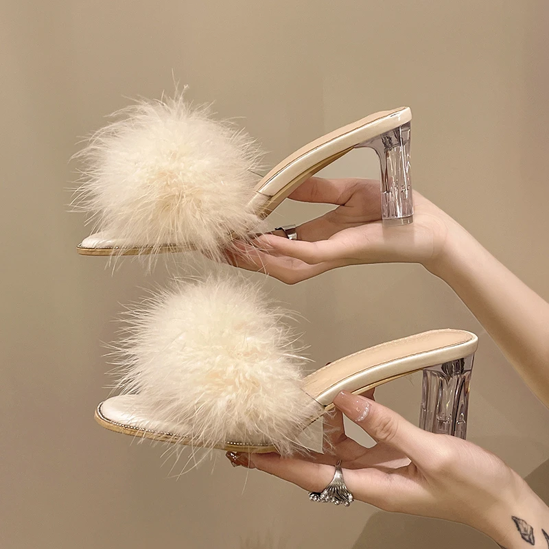 2023 Women's Summer Shoes High Heel Sandals Fluffy Sexy Coarse High Heels Women's Open Toe Shoes Extremely Late Party Shoes
