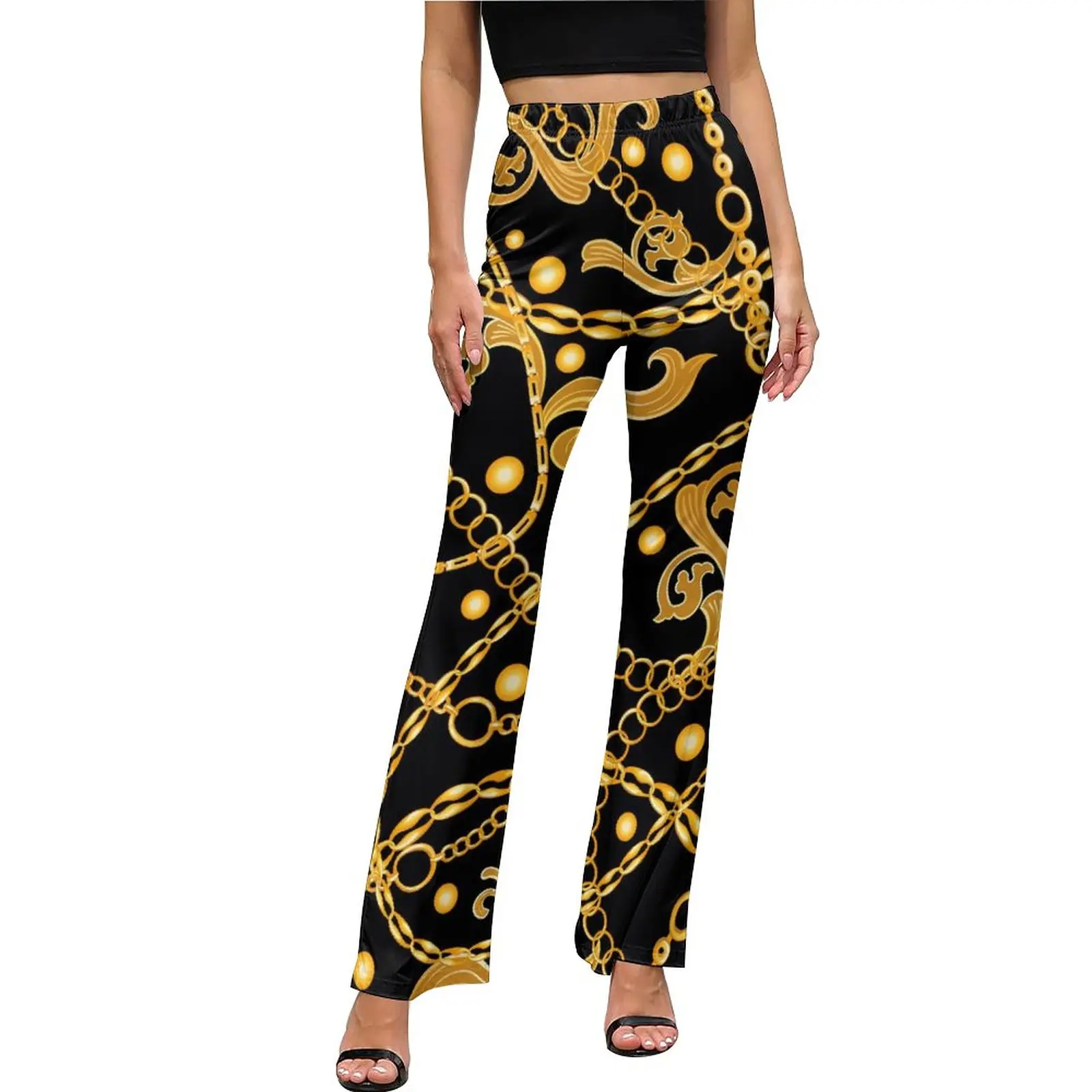 

Golden Chain Pants Vintage Print High Waist Office Flare Trousers Spring Design Street Fashion Pants Birthday Gift