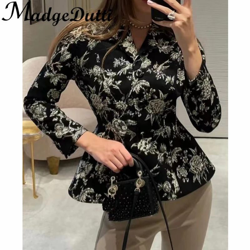 

1.14 MadgeDutti Women Shoulder Pads Temperament Golden Silk Thread Rose Embroidered Jacquard Collect Waist Blazer