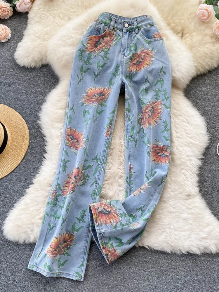 Women Summer Vintage Floral Print Jeans 